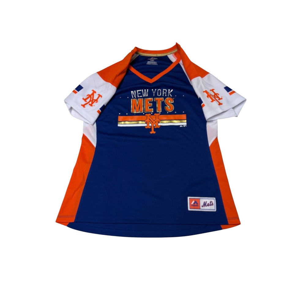 Majestic New York Mets Womens Blue Orange V-Neck Jersey Top Rhinestone MN56 L